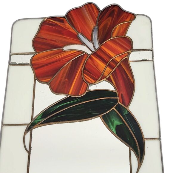 Vtg STAINED GLASS MIRROR WALL HANGING PICTURE FLOWER TROPICAL WINDOW SUN CATCHER - Picture 1 of 8